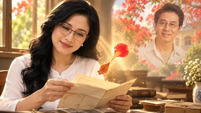 Cô mở một lá thư cũ.
Một cánh phượng khô rơi ra giữa những trang giấy.
Khi cánh phượng chạm ánh nắng, nó dần biến thành một cánh phượng đỏ tươi trong ký ức.