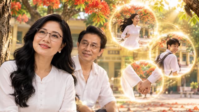 Mỗi khi mùa hè trở lại, cô lại nghe tiếng ve.
Những âm thanh vô hình được biến thành những vòng sáng lan qua sân trường. Mỗi vòng sáng lại đánh thức một ký ức.
Cô gái trẻ chạy dưới hàng phượng.
Chàng trai quay lại mỉm cười.
Hai người nắm tay.