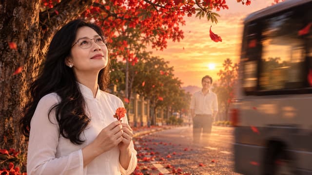 Người phụ nữ đứng dưới cây phượng lúc hoàng hôn.
Trên tay vẫn là cánh phượng khô.
Cô nhìn lên bầu trời.
Một cánh phượng bay ngang.
Trong khoảnh khắc ấy, cô nhìn thấy chàng trai năm xưa đang đứng ở cuối con đường.
Anh mỉm cười.
Cô cũng mỉm cười.
Một chiếc xe chạy ngang che khuất tầm nhìn.
Khi xe đi qua...
anh đã biến mất.
Chỉ còn cánh phượng rơi xuống.
IMAGE PROMPT:
Epic emotional ending of a timeless Vietnamese first love, a graceful mature Vietnamese woman standing alone beneath an enormous blooming flamboyant tree at sunset, holding a single dried red flower from an old love letter, tears gently shining in her eyes, she looks toward a distant road and sees the faint luminous memory of her first love standing far away, the young man smiles softly at her, a warm breeze moves through the trees, red petals float across the golden sunset, a passing vehicle briefly crosses the frame, when it disappears the young man is gone, only one red flamboyant petal remains falling slowly to the ground, profound longing, eternal first love, magical realism blended with cinematic realism, Vietnamese romantic cinema, breathtaking sunset, 35mm film, masterpiece
🎥 VIDEO PROMPT C20
Slow emotional cinematic camera push-in toward a mature Vietnamese woman standing beneath a magnificent blooming flamboyant tree at sunset, she holds an old dried red flower and looks toward a distant road, gentle wind moves her hair and dress, red petals slowly fall around her, she suddenly sees the luminous memory of her first love standing far away, he smiles gently, she smiles through tears, a vehicle slowly passes between them, the camera briefly loses sight of him, when the vehicle disappears the man is gone, only the empty road remains, one red flamboyant petal floats down into her hand, she closes her fingers around it and looks toward the sunset, subtle tears, peaceful sadness, cinematic slow motion, realistic facial expressions, poetic Vietnamese nostalgia, no text
🌹 Mạch cảm xúc C13 → C20
C13 — Thời gian đã làm sân trường thay đổi.
↓
C14 — Bạn bè năm xưa cũng mỗi người một nơi.
↓
C15 — Nhưng em vẫn nhớ buổi chiều tháng Sáu.
↓
C16 — Ngày anh bước lên xe rời đi.
↓
C17 — Em vẫn giữ chiếc áo năm nào.
↓
C18 — Vẫn giữ cánh phượng trong lá thư cũ.
↓
C19 — Mỗi mùa hè tiếng ve lại đánh thức ký ức.
↓
C20 — Và cuối cùng... người xưa chỉ còn sống trong trái tim em.
Đặc biệt, C16 → C17 → C18 sẽ tạo một cú chuyển rất đẹp: anh rời đi → chiếc áo còn lại → cánh phượng và lá thư còn lại. Còn C20 là cảnh kết có thể khiến người xem hiểu rằng: người có thể đi xa, thời gian có thể trôi, nhưng mối tình đầu vẫn ở lại. ❤️🌺