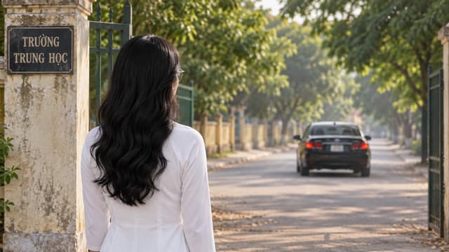 Chiếc xe đã khuất xa. Cô gái vẫn đứng bên cổng trường. Không chạy theo, không khóc lớn. Chỉ đứng bất động nhìn theo con đường.