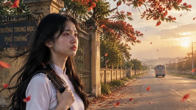 Cinematic Vietnamese farewell scene, a beautiful Vietnamese high-school girl standing completely alone beside the old school gate after the bus carrying her first love has disappeared into the distance, white school blouse, long black hair moving gently in the wind, tears quietly filling her eyes, empty road stretching toward the horizon, red flamboyant petals falling around her, late summer afternoon, profound loneliness, restrained emotion, realistic Vietnamese cinema, 35mm film, soft golden light, highly detailed
