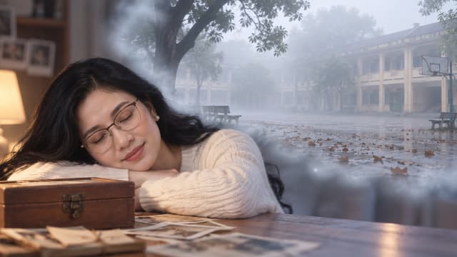 Cô ngủ bên chiếc hộp kỷ niệm. Trong giấc mơ, sân trường xuất hiện trong màn sương. Mọi thứ giống hệt ngày xưa nhưng không có một bóng người.GIỮ CHÍNH XÁC ĐƯỜNG NÉT KHUÔN MẶT,ĐEO KÍNH, ĐỘ TUỔI TRẺ 30 YEAR OLD