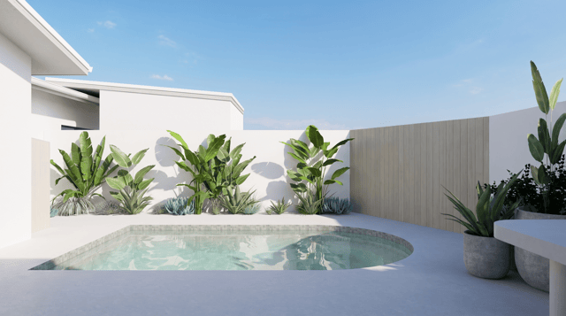 Photorealistic architectural photograph, Hasselblad H6D-100c medium format. Geometry locked to the reference image — do not move, resize, add or remove any built element. Do not alter the pool shape, coping line, wall positions, fence extent, roof forms or planter locations.

Coastal courtyard plunge pool, bright and white. Rendered masonry boundary walls in a clean warm white mineral render — true white with only the faintest warmth, never taupe, beige, sand or cream. Pool surround in monolithic honed concrete, soft grey-white and matt, no gloss or sheen, no beige cast. Waterline mosaic in a soft green-grey. Water clear pale aqua with gentle caustics.

White balance is critical: all render and concrete surfaces must read as white in sunlight and cool pale grey in shadow. Do not shift whites toward yellow, tan or brown. The timber screen fence is the only warm-toned surface in the image — pale lime-washed grey-tan, not orange.

Sculptural low-maintenance planting with strong architectural silhouettes — Strelitzia nicolai with broad upright paddle leaves as the vertical accents, soft-leafed Agave attenuata in clumps, silver-blue Lomandra with fine arching foliage, Senecio blue chalk sticks as groundcover, and dark glossy structural foliage between. Deep green and blue-grey tones. No flowering cottage plants, no lavender, no rosemary, no olive trees. Retain existing plant positions, heights, spread and shadow placement exactly.

Late morning sun, clear blue sky with light high cloud. Bright, high-key, airy exposure — luminous rather than moody, shadows open and soft-edged, with crisp sculptural leaf shadows falling across the white wall.

Planting genuinely green and sunlit with soft natural depth-of-field falloff — explicitly avoid haze, smoke or fog. Soften hard edges on wall arrises, coping and pot rims. Introduce subtle natural imperfection: tonal variation in the render, faint surface texture, soft imperfect shadows. Camera-realistic depth-of-field, sharpest focus on the near pool coping.