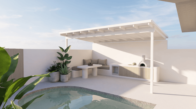 Photorealistic architectural photograph, Hasselblad H6D-100c medium format. Geometry locked to the reference image — do not move, resize, add or remove any built element. Do not alter the roof form, rafter spacing, post positions, bench, banquette, table, oven, pool shape or coping line.

Covered outdoor pavilion beside a plunge pool, bright and white. White painted exposed timber rafters on a skillion roof. Rendered masonry kitchen and built-in banquette in a clean warm white mineral render — true white with only the faintest warmth, never taupe, beige, sand or cream. The banquette is a solid rendered masonry bench built integrally into the wall, reading as one continuous carved mass with the wall behind it — no visible joint, no separate freestanding furniture. Timber cabinet fronts and the boundary screen fence in a pale lime-washed grey-tan, not orange. Concrete floor soft grey-white and matt, no gloss or sheen, no beige cast. Waterline mosaic soft green-grey, water clear pale aqua.

Banquette seat and back cushions in a mushroom taupe linen — soft matt natural weave with visible texture, warm mid-tone greige. Cushions are the only taupe element in the image.

White balance is critical: all render, painted timber and concrete must read as white in sunlight and cool pale grey in shadow. Do not shift whites toward yellow, tan or brown, and do not let the taupe cushion tone bleed onto the surrounding render. The timber cabinetry, fence and cushions are the only warm-toned surfaces.

Late afternoon sun raking low across the pavilion from the left, throwing long soft rafter shadows down the kitchen bench and back wall. Sky correctly exposed — a soft graded blue with light cloud, not blown white. Bright, high-key, airy exposure — luminous rather than moody, shadows open and soft-edged.

Sculptural planting with strong silhouettes — Strelitzia with broad upright paddle leaves, soft-leafed Agave attenuata, dark glossy structural foliage in the concrete pots. Retain existing plant positions, heights and shadow placement exactly.

Planting genuinely green and sunlit with soft natural depth-of-field falloff — explicitly avoid haze, smoke or fog. Soften hard edges on rafter arrises, bench returns, banquette corners and the oven arch. Introduce subtle natural imperfection: tonal variation in the render, faint surface texture on the concrete floor, soft imperfect shadows. Camera-realistic depth-of-field, sharpest focus on the kitchen bench.