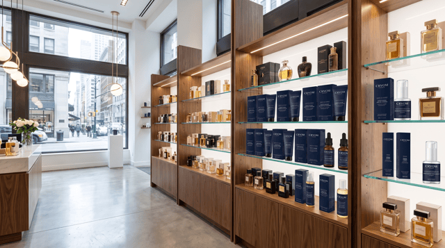 créer une image d'une parfumerie de centre ville qui revend les produits CRYOM sur ses étagères. La boutique est lumineuse et premium. ne pas mettre la marque en très gros sur un bandeau supérieur. Respecter la taille des packaging et réduire  légèrement la hauteur des produits