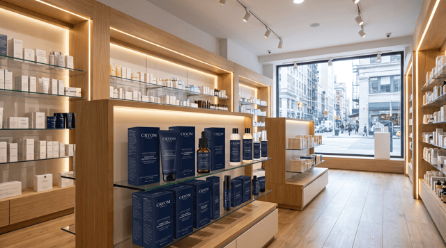 en t'inspirant de la photo ci-jointe du rayon cosmétiques d'une pharmacie, créer une image d'une pharmacie de centre ville qui revend les produits CRYOM sur ses étagères. La boutique est lumineuse et premium. ne pas mettre la marque en très gros sur un bandeau supérieur. Respecter la taille des packaging et réduire  légèrement la hauteur des produits