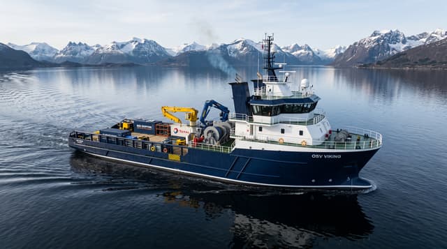 Photorealistic render of a modern brand-new offshore service vessel, 24m long, dark navy blue hull with clean white superstructure, wide open flat cargo deck with industrial winches, cranes and equipment, blue funnel with light exhaust smoke, realistic glass windows and railings, high detail metal and painted surfaces with no rust or wear, floating on calm dark blue fjord water with accurate reflections and gentle ripples, snow-capped mountains in the background under a clear soft daylight sky, volumetric atmospheric lighting, cinematic composition from a high three-quarter aerial angle matching the original render, ultra realistic materials, sharp details, 8k, ray tracing, photorealism --ar 16:9 --stylize 250