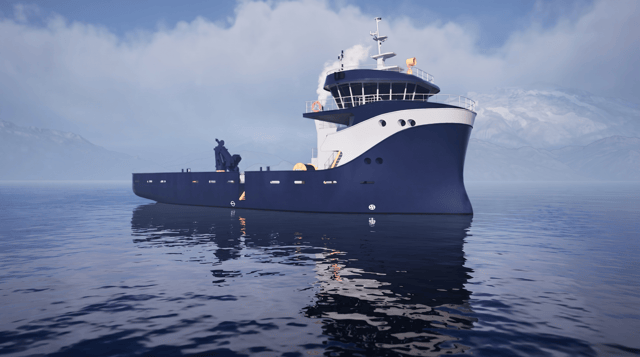 Photorealistic render of a modern brand-new offshore service vessel, exact same geometry and proportions as the reference, do not change the shape of the hull, superstructure, funnel, bridge, or any deck equipment, dark navy blue hull with clean white accommodation, wide open flat cargo deck with the same winches, cranes and equipment in the exact same positions, blue funnel with light exhaust smoke, realistic glass windows and railings, clean new paint with no rust or wear, floating on calm dark blue fjord water with accurate reflections and gentle ripples, snow-capped mountains in the background under soft natural daylight, volumetric atmospheric lighting, high detail materials and textures, cinematic high three-quarter aerial angle matching the original, ultra realistic, sharp details, 8k, photorealism