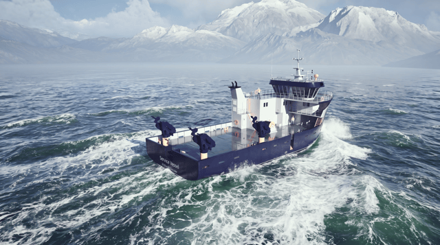 Using the reference image, enhance the scene with highly realistic ocean interaction. Add white sea foam and dynamic waves forming naturally around the hull and trailing in the wake, with subtle greenish tones mixed into the foam where the water is aerated. The water surface should show realistic wave patterns, depth, and motion. Preserve accurate scale and physics of water displacement. Materials and textures on the vessel should appear fully realistic: painted GRP hull with correct roughness, subtle wear, and reflections; matte and semi-gloss surfaces behaving naturally in daylight. Apply photorealistic natural lighting with soft daylight, physically correct reflections, realistic shadows, and accurate color balance. The final result should look like a real photograph of a working vessel at sea, no stylization, no CGI look, ultra-high realism.
