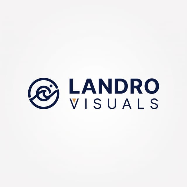 "Minimalist logo for a visual design studio called Landro Visuals, clean sans-serif wordmark with a subtle geometric accent, deep navy and warm amber on a soft off-white background, modern Scandinavian style, flat vector, high contrast, professional, no gradients, no shadows, centered composition, suitable for a website header with a small abstract mark combining a camera lens and a wave, placed to the left of the wordmark."