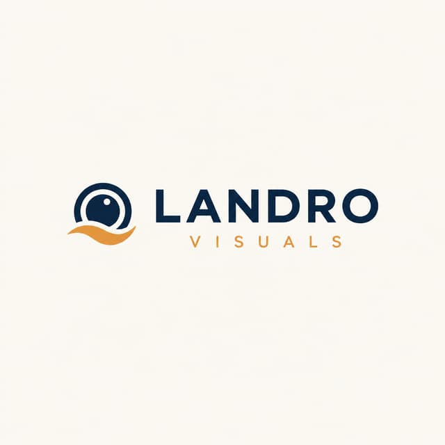 "Minimalist logo for a visual design studio called Landro Visuals, clean sans-serif wordmark with a subtle geometric accent, deep navy and warm amber on a soft off-white background, modern Scandinavian style, flat vector, high contrast, professional, no gradients, no shadows, centered composition, suitable for a website header with a small abstract mark combining a camera lens and a wave, placed to the left of the wordmark."