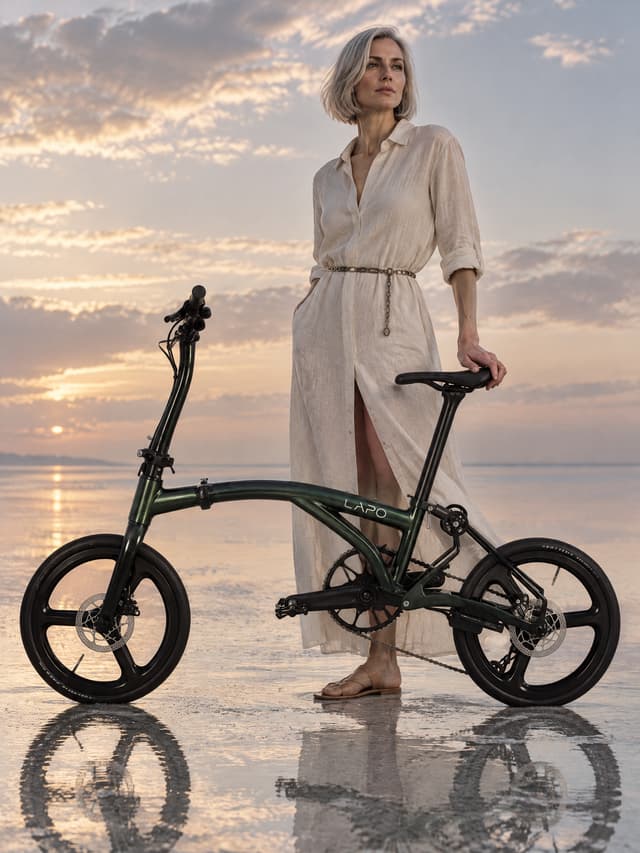 Create ONE vertical 3:4 premium fashion campaign photograph, not a collage, as a scene compositing transformation of the supplied bicycle product reference. Reference 1 defines the EXACT bicycle geometry and all component shapes; keep that geometry, stance and part layout unchanged. Reference 2 shows the same bicycle in the DEEP GREEN paint scheme and is used ONLY for that finish, its metallic depth and its headtube treatment; Reference 3 is the authoritative custom LAPO logo outline, only for small on-frame branding. One original fictional ADULT model, one unfolded bicycle. Preserve bicycle shape accurately: small equal wheels each THREE broad spokes, curved mainbeam, slender long seatpost and hollow saddle, tall curved stem, black fork, round rear folding joints, realistic connected drivetrain and chain. No generic diamond frame, extra tubes, wrong wheels, duplicated parts. Bike has both tires grounded and is stabilized at the explicitly described hand contact. No riding, pushing, lifting, floating, impossible balance. Black parts remain black; metallic short headtube only follows reference. Reproduce small custom LAPO outline on REAR half of mainbeam near seatpost, open stylized A and separated P stem, not a standard typed font. Full bike fits clearly and realistically in shot. Human face prominent and memorable, believable weight and fingers, couture editorial posture. Ground contact shadows physically agree with light. Person, fabric and bicycle remain separable, no garment inside wheels or chain. Visceral high-end fashion photograph, realistic pores, tactile materials, photographic lighting not plastic CGI, thoughtful installation-like visual event. No title, no large logo, no unrelated brand or watermark, no extra people. Paint scheme DEEP GREEN: deep forest-green metallic frame with a matching deep-green metallic short headtube shell, a dark chain and a small light wordmark on the mainbeam, metallic depth matched to Reference 1. Long stem, fork, seatpost, saddle, cranks and the three-broad-spoke wheels stay black. A fictional adult woman age 42, fair skin, silver bob, minimal makeup, direct level eyes. Wearing a bone linen shirt-dress with flat sandals and a thin chain belt. Pose: she stands motionless with one hand on the saddle, weight on one leg, eyes to the far horizon. Set: a salt flat under a thin film of water, the horizon almost erased. The sky falls into the shallow layer beneath them so the person and the bicycle appear suspended between two skies, real and reflected. Low camera slightly below the waist line, the grown model occupying about half of the frame with the complete unfolded bicycle fully visible across the lower half. The bicycle faces the LEFT side of the frame, seen from its DRIVE side, chainring, chain and rear derailleur toward camera. Any wordmark visible on the frame must read correctly left to right, never mirrored or reversed. Both tires ON the ground, the complete unfolded bicycle readable across the frame, no motion blur, one edited finished photograph.