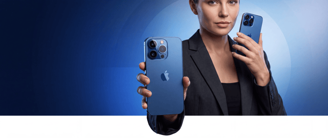 Create an ultra-photorealistic premium commercial smartphone campaign image for a high-end e-commerce store.

CANVAS & COMPOSITION:

* Final format: vertical 490 × 600 px
* Compose specifically for a Shopify collection card
* Maximum generation resolution / ultra-high-resolution source quality
* 8K-level detail and sharpness
* Keep all important subjects safely inside the frame
* Perfect proportions, realistic perspective and physically accurate scale
* Clean balanced composition with generous negative space
* No cropped phone edges, no cut hands, no awkward framing

COLOR DIRECTION:
Use #0F47DD as the main signature blue.
Create an elegant premium gradient using:
#0F47DD → deep navy blue → soft light blue highlights.
The blue must feel rich, sophisticated and technological, not overly saturated.
Include subtle circular geometric shapes in the background using tonal variations of #0F47DD.
The lower approximately 25% of the image should transition into a perfectly clean white area.

MODEL:
A sophisticated adult female technology model, approximately 25–30 years old.
Natural realistic facial anatomy, authentic skin texture, visible pores, subtle imperfections, individual hair strands, realistic eyes, natural lips and realistic hands.
Hair styled neatly and professionally.
Wearing an elegant dark charcoal / black premium blazer over a minimalist black top.
Confident luxury editorial expression.
Natural relaxed body posture.
Professional commercial-model styling — sophisticated, modern and trustworthy.

PRODUCT:
The model is presenting a premium blue Apple iPhone Pro-style smartphone toward the camera.
Deep blue finish coordinated beautifully with #0F47DD.
Three realistic camera lenses with physically accurate glass reflections, metallic rings and depth.
Correct smartphone proportions and realistic thickness.
Premium brushed-metal / glass materials.
Perfectly straight edges and realistic buttons.
The Apple logo should appear clean, centered and proportional on the phone.
The phone closest to the camera should appear slightly larger because of natural photographic perspective, but never distorted.

POSE:
One hand extends the blue iPhone toward the camera in a confident product-presentation pose.
The second hand can elegantly hold another blue iPhone near the upper body or face.
Hands must have exactly five natural fingers each.
Correct finger joints, nail anatomy and realistic grip.
No duplicated fingers, merged fingers or deformed hands.

LIGHTING:
High-end professional advertising studio lighting.
Large softbox key light.
Soft controlled fill light.
Elegant blue rim light matching #0F47DD.
Realistic reflections on the iPhone camera lenses and metal surfaces.
Natural shadow falloff.
Soft cinematic depth.
Premium Apple / luxury technology campaign photography quality.

CAMERA:
Shot on a professional full-frame commercial camera.
85mm portrait lens look.
ISO 100.
f/8 product-photography sharpness.
Extremely crisp focus on both the model and smartphone.
Natural perspective.
Real photographic dynamic range.
High micro-contrast without artificial over-sharpening.
Clean commercial color grading.

IMAGE QUALITY:
Ultra-photorealistic.
8K commercial advertising quality.
Extremely high texture fidelity.
Natural skin detail.
Realistic fabric weave.
Accurate material reflections.
Clean edges.
No compression artifacts.
No excessive HDR.
No plastic-looking skin.
No artificial smoothing.
No CGI appearance.
No illustration appearance.
No obvious generative-AI aesthetic.

STYLE:
Premium European technology advertising campaign.
Minimal.
Modern.
Luxury.
Trustworthy.
High conversion e-commerce visual.
Comparable to a professional studio campaign photographed for a major global smartphone brand.

IMPORTANT:
The image must look like it was photographed by a real commercial photographer with a real model and a real physical smartphone.
Do not make it look AI-generated.

AVOID:
extra fingers, missing fingers, distorted hands, duplicated phones, warped smartphones, incorrect camera lenses, asymmetrical eyes, waxy skin, plastic skin, strange teeth, unnatural facial features, unrealistic reflections, floating objects, malformed Apple logos, fake typography, gibberish text, excessive glow, excessive blur, oversaturated blue, cartoon styling, CGI rendering, illustration, low resolution, noise, halos, artifacts or unnatural anatomy.

Do not add any headline, slogan, random letters, labels, watermarks or promotional text inside the image.