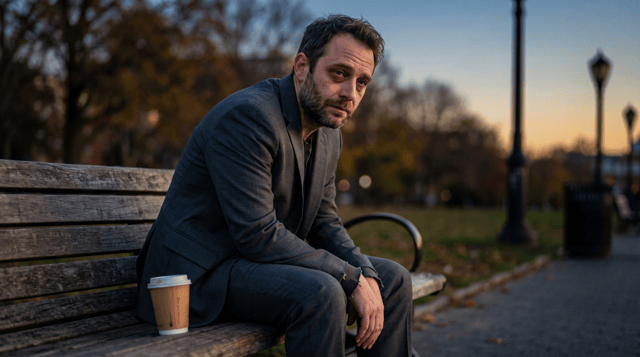 “A handsome, elegant man in his late 30s, sitting alone on a worn park bench at dusk, dressed in a well-tailored but slightly faded suit — the kind of clothing that speaks to better days. His posture is tired, shoulders slightly hunched, dark circles under his eyes from too many sleepless nights. His expression carries quiet heartbreak and exhaustion, but his eyes still hold a flicker of hope, as if searching for one good opportunity. Soft, moody lighting — golden hour fading into blue twilight — casting long shadows. A single unfinished meal or coffee cup beside him. Cinematic, emotional realism, shallow depth of field, muted color palette of grays, warm ambers, and deep blues. Style: photorealistic portrait photography, 85mm lens, dramatic but intimate atmosphere.”