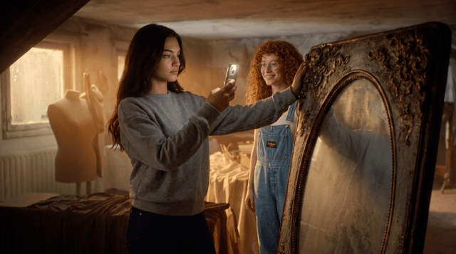 add the woman on the second image to the scene on the first image. She is standing on the right side next to the mirror turning to the left looking at her and smiling.