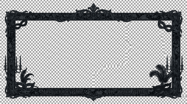 please create rectangle PNG frame for a masquerade ball. all black attire.