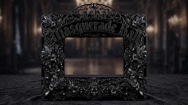 please create rectangle PNG frame for a masquerade ball. all black attire. use the name "Sasha's Masquerade Ball" in the frame. make it like it's been worked by 1000 designers. bold and elegant