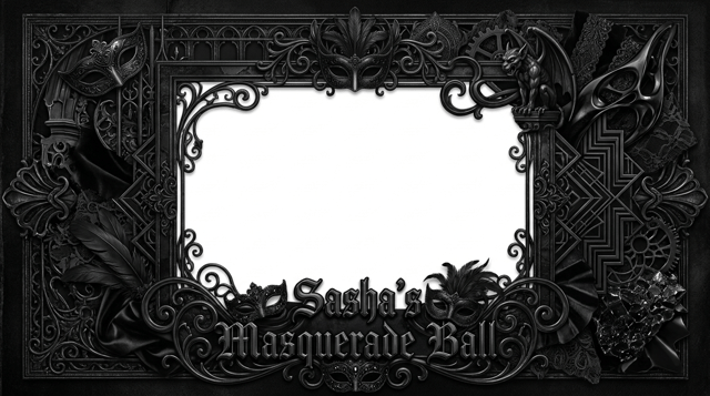 please create 1920 x 1080 PNG frame for a masquerade ball. all black attire. use the name "Sasha's Masquerade Ball" in the frame. make it like it's been worked by 1000 designers.