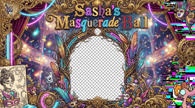 please create 1920 x 1080 PNG frame for a masquerade ball for kids. use the words "Sasha's Masquerade Ball" in the frame. make it like it's been worked by 1000 designers.