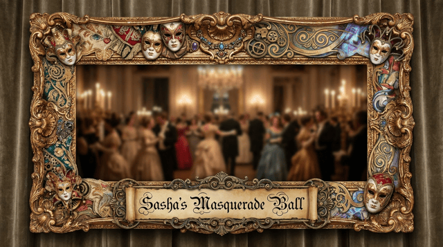 please create 1920 x 1080 PNG frame for a masquerade ball for adults. use the words "Sasha's Masquerade Ball" in the frame at the bottom. Also, make it like it's been worked by 1000 designers.