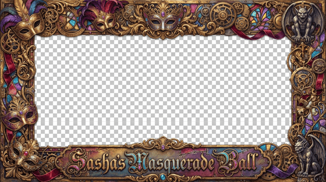 please create 1920 x 1080 PNG frame for a masquerade ball for adults. use the words "Sasha's Masquerade Ball" in the frame at the bottom. Also, make it like it's been worked by 1000 designers. keep inside the frame blank. Design only the borders.