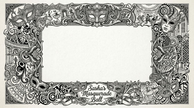 please create 1920 x 1080 PNG frame for a masquerade ball for professionals. use the words "Sasha's Masquerade Ball" in the frame at the bottom. Also, make it like it's been worked by 1000 designers. keep inside the frame blank. Design only the borders in black.