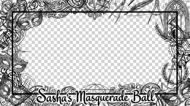 please create 1920 x 1080 PNG frame for a masquerade ball for professionals. use the words "Sasha's Masquerade Ball" in the frame at the bottom in one line. Also, make it like it's been worked by 1000 designers. keep inside the frame blank. Design only the borders in black.