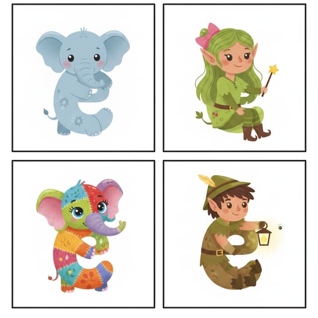 S'inspirer des images dessous dont le corps du chat represente un c (minuscule) pour creer 4 images différentes d'elephants et ou d'elf dont le corps forme la lettre e (minuscule),