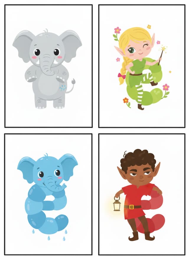 S'inspirer des images dessous dont le corps du chat represente un c (minuscule) pour creer 4 images différentes d'elephants et ou d'elf dont le corps forme la lettre e (minuscule),
