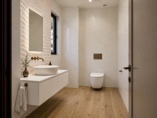 Create a photorealistic architectural interior rendering of the proposed renovation of the existing powder room, using the uploaded existing-condition photographs, floor plan, tile samples, and reference images as strict references.
Geometry and layout — critical
Do not redesign or reinterpret the room. Preserve the existing architecture and follow the attached floor plan exactly.
Maintain the actual room dimensions, proportions, wall locations, doorway, window, projecting walls/columns, and ceiling configuration shown in the plan and existing photos.
Use the existing photographs to understand the true three-dimensional geometry.
Keep the sink/vanity on the left side, exactly where shown on the plan.
Keep the toilet on the right side, in its existing/planned location and orientation.
Preserve the existing window on the left exterior wall beside the vanity area. Do not relocate, enlarge, reduce, or invent windows.
Preserve the projecting wall behind the sink and mirror as an architectural feature. It should remain visibly proud of the surrounding wall surfaces, similar in overall geometry to the existing mosaic-clad projection.
The vanity should follow the footprint indicated on the plan and should not extend across the entire wall.
Do not add a shower, bathtub, additional vanity, cabinetry, shelving, niches, partitions, or other architectural elements not shown on the plan.
New material palette
Replace all existing brown finishes and glass mosaic with the new specified materials:
Floor:
Use the uploaded Delaware Natural 12 x 71 wood-look porcelain tile planks. Match the supplied sample closely: warm natural oak tone, realistic grain and knots, matte finish. Install as long planks with subtle staggered joints. This is porcelain tile, not actual hardwood.
Main walls:
Use the uploaded Glem White Polished 47 x 47 tile on the main wall surfaces. Match the reference exactly: very light warm-white/ivory stone appearance with extremely subtle soft gray-beige veining. Large-format tiles with minimal grout joints. The room should feel bright and sophisticated rather than heavily veined.
Feature/projecting wall behind sink:
Clad the projecting architectural wall behind the sink and mirror with the uploaded Mosaico Nantes Caliza 18 x 47. Reproduce its distinctive dimensional, irregular geometric relief pattern and warm off-white/caliza coloration. Do not substitute generic square mosaic tiles. The texture and relief of the Nantes Caliza tile should be clearly visible under grazing light.
Fixtures
Elegant white vessel sink, centered on the vanity as indicated by the plan.
Minimal white floating vanity/counter, visually light and contemporary.
White wall-hung toilet in the location shown on the plan.
Wall-mounted toilet flush plate.
Wall-mounted faucet at sink.
All exposed plumbing fixtures, faucet, flush plate, accessories and hardware in a refined warm brushed bronze / aged bronze finish — not chrome, black, or bright gold.
Contemporary mirror centered above the sink, preferably softly backlit or with discreet integrated lighting.
Design character
Aim for warm contemporary Mediterranean / refined modern residential design: natural oak tones, warm ivory stone, tactile relief tile, bronze accents and restrained detailing.
The new room should feel materially related to the supplied inspiration images but must retain the actual architecture and layout of the existing Katopodis powder room rather than copying the reference rooms.
Use warm-white architectural lighting around 2700–3000K, supplemented by realistic daylight from the existing window. Allow grazing light across the Mosaico Nantes Caliza feature wall to emphasize its three-dimensional texture.
Camera
Generate an eye-level architectural interior perspective from approximately the doorway, looking toward the vanity and toilet, similar to how a person would experience the room upon entering. Use approximately a 24–28 mm full-frame architectural lens, vertical lines perfectly vertical, natural perspective, no fisheye distortion.
The final result should look like a high-end professional architectural photograph, not a CGI concept image: realistic material scale, accurate grout joints, subtle reflections on the polished Glem White tile, realistic bronze metal, natural shadows, balanced exposure, and physically believable lighting.
Most important: use the floor plan and existing-condition photographs as the authority for geometry. Do not change the room layout or invent architectural features. Only renovate the finishes, fixtures, lighting, and detailing described above.
