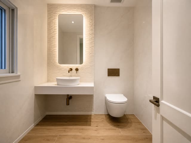 Create a photorealistic architectural interior rendering of the proposed renovation of the existing powder room, using the uploaded existing-condition photographs, floor plan, tile samples, and reference images as strict references.
Geometry and layout — critical
Do not redesign or reinterpret the room. Preserve the existing architecture and follow the attached floor plan exactly.
Maintain the actual room dimensions, proportions, wall locations, doorway, window, projecting walls/columns, and ceiling configuration shown in the plan and existing photos.
Use the existing photographs to understand the true three-dimensional geometry.
Keep the sink/vanity on the left side, exactly where shown on the plan.
Keep the toilet on the right side, in its existing/planned location and orientation.
Preserve the existing window on the left exterior wall beside the vanity area. Do not relocate, enlarge, reduce, or invent windows.
Preserve the projecting wall behind the sink and mirror as an architectural feature. It should remain visibly proud of the surrounding wall surfaces, similar in overall geometry to the existing mosaic-clad projection.
The vanity should follow the footprint indicated on the plan and should not extend across the entire wall.
Do not add a shower, bathtub, additional vanity, cabinetry, shelving, niches, partitions, or other architectural elements not shown on the plan.
New material palette
Replace all existing brown finishes and glass mosaic with the new specified materials:
Floor:
Use the uploaded Delaware Natural 12 x 71 wood-look porcelain tile planks. Match the supplied sample closely: warm natural oak tone, realistic grain and knots, matte finish. Install as long planks with subtle staggered joints. This is porcelain tile, not actual hardwood.
Main walls:
Use the uploaded Glem White Polished 47 x 47 tile on the main wall surfaces. Match the reference exactly: very light warm-white/ivory stone appearance with extremely subtle soft gray-beige veining. Large-format tiles with minimal grout joints. The room should feel bright and sophisticated rather than heavily veined.
Feature/projecting wall behind sink:
Clad the projecting architectural wall behind the sink and mirror with the uploaded Mosaico Nantes Caliza 18 x 47. Reproduce its distinctive dimensional, irregular geometric relief pattern and warm off-white/caliza coloration. Do not substitute generic square mosaic tiles. The texture and relief of the Nantes Caliza tile should be clearly visible under grazing light.
Fixtures
Elegant white vessel sink, centered on the vanity as indicated by the plan.
Minimal white floating vanity/counter, visually light and contemporary.
White wall-hung toilet in the location shown on the plan.
Wall-mounted toilet flush plate.
Wall-mounted faucet at sink.
All exposed plumbing fixtures, faucet, flush plate, accessories and hardware in a refined warm brushed bronze / aged bronze finish — not chrome, black, or bright gold.
Contemporary mirror centered above the sink, preferably softly backlit or with discreet integrated lighting.
Design character
Aim for warm contemporary Mediterranean / refined modern residential design: natural oak tones, warm ivory stone, tactile relief tile, bronze accents and restrained detailing.
The new room should feel materially related to the supplied inspiration images but must retain the actual architecture and layout of the existing Katopodis powder room rather than copying the reference rooms.
Use warm-white architectural lighting around 2700–3000K, supplemented by realistic daylight from the existing window. Allow grazing light across the Mosaico Nantes Caliza feature wall to emphasize its three-dimensional texture.
Camera
Generate an eye-level architectural interior perspective from approximately the doorway, looking toward the vanity and toilet, similar to how a person would experience the room upon entering. Use approximately a 24–28 mm full-frame architectural lens, vertical lines perfectly vertical, natural perspective, no fisheye distortion.
The final result should look like a high-end professional architectural photograph, not a CGI concept image: realistic material scale, accurate grout joints, subtle reflections on the polished Glem White tile, realistic bronze metal, natural shadows, balanced exposure, and physically believable lighting.
Most important: use the floor plan and existing-condition photographs as the authority for geometry. Do not change the room layout or invent architectural features. Only renovate the finishes, fixtures, lighting, and detailing described above.