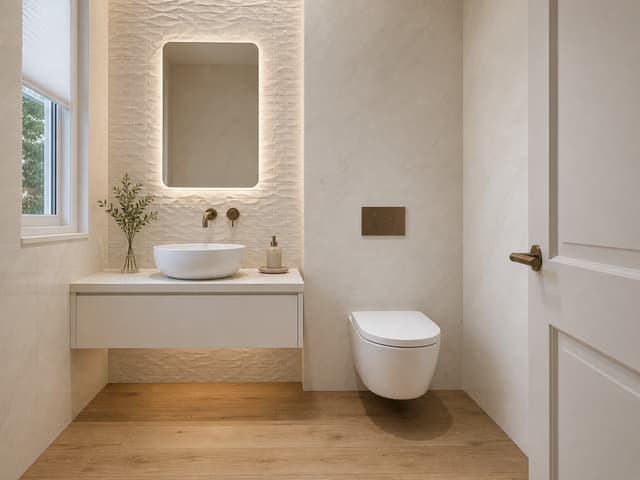 Create a photorealistic architectural interior rendering of the proposed renovation of the existing powder room, using the uploaded floor plan and tile samples as strict references.
Geometry and layout — critical
Do not redesign or reinterpret the room. Preserve the existing architecture and follow the attached floor plan exactly.
Maintain the actual room dimensions, proportions, wall locations, doorway, window, projecting walls/columns, and ceiling configuration shown in the plan and existing photos.
Keep the sink/vanity on the left side, exactly where shown on the plan.
Keep the toilet on the right side, in its existing/planned location and orientation.
Preserve the existing window on the left exterior wall beside the vanity area. Do not relocate, enlarge, reduce, or invent windows.
Preserve the projecting wall behind the sink and mirror as an architectural feature. It should remain visibly proud of the surrounding wall surfaces, similar in overall geometry to the existing mosaic-clad projection.
The vanity should follow the footprint indicated on the plan and should not extend across the entire wall.
Do not add a shower, bathtub, additional vanity, cabinetry, shelving, niches, partitions, or other architectural elements not shown on the plan.
New material palette
Replace all existing brown finishes and glass mosaic with the new specified materials:
Floor:
Use the uploaded Delaware Natural 12 x 71 wood-look porcelain tile planks. Match the supplied sample closely: warm natural oak tone, realistic grain and knots, matte finish. Install as long planks with subtle staggered joints. This is porcelain tile, not actual hardwood.
Main walls:
Use the uploaded Glem White Polished 47 x 47 tile on the main wall surfaces. Match the reference exactly: very light warm-white/ivory stone appearance with extremely subtle soft gray-beige veining. Large-format tiles with minimal grout joints. The room should feel bright and sophisticated rather than heavily veined.
Feature/projecting wall behind sink:
Clad the projecting architectural wall behind the sink and mirror with the uploaded Mosaico Nantes Caliza 18 x 47. Reproduce its distinctive dimensional, irregular geometric relief pattern and warm off-white/caliza coloration. Do not substitute generic square mosaic tiles. The texture and relief of the Nantes Caliza tile should be clearly visible under grazing light.
Fixtures
Elegant white vessel sink, centered on the vanity as indicated by the plan.
Minimal white floating vanity/counter, visually light and contemporary.
White wall-hung toilet in the location shown on the plan.
Wall-mounted toilet flush plate.
Wall-mounted faucet at sink.
All exposed plumbing fixtures, faucet, flush plate, accessories and hardware in a refined warm brushed bronze / aged bronze finish — not chrome, black, or bright gold.
Contemporary mirror centered above the sink, preferably softly backlit or with discreet integrated lighting.
Design character
Aim for warm contemporary Mediterranean / refined modern residential design: natural oak tones, warm ivory stone, tactile relief tile, bronze accents and restrained detailing.
The new room should feel materially related to the supplied inspiration images but must retain the actual architecture and layout of the existing Katopodis powder room rather than copying the reference rooms.
Use warm-white architectural lighting around 2700–3000K, supplemented by realistic daylight from the existing window. Allow grazing light across the Mosaico Nantes Caliza feature wall to emphasize its three-dimensional texture.
Camera
Generate an eye-level architectural interior perspective from approximately the doorway, looking toward the vanity and toilet, similar to how a person would experience the room upon entering. Use approximately a 24–28 mm full-frame architectural lens, vertical lines perfectly vertical, natural perspective, no fisheye distortion.
The final result should look like a high-end professional architectural photograph, not a CGI concept image: realistic material scale, accurate grout joints, subtle reflections on the polished Glem White tile, realistic bronze metal, natural shadows, balanced exposure, and physically believable lighting.
Most important: use the floor plan and existing-condition photographs as the authority for geometry. Do not change the room layout or invent architectural features. Only renovate the finishes, fixtures, lighting, and detailing described above.