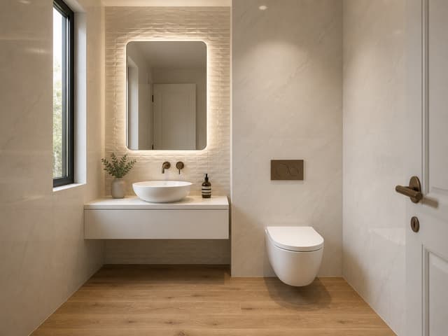 Create a photorealistic architectural interior rendering of the proposed renovation of the existing powder room, using the uploaded floor plan and tile samples as strict references.
Geometry and layout — critical
Do not redesign or reinterpret the room. Preserve the existing architecture and follow the attached floor plan exactly.
Maintain the actual room dimensions, proportions, wall locations, doorway, window, projecting walls/columns, and ceiling configuration shown in the plan and existing photos.
Keep the sink/vanity on the left side, exactly where shown on the plan.
Keep the toilet on the right side, in its existing/planned location and orientation.
Preserve the existing window on the left exterior wall beside the vanity area. Do not relocate, enlarge, reduce, or invent windows.
Preserve the projecting wall behind the sink and mirror as an architectural feature. It should remain visibly proud of the surrounding wall surfaces, similar in overall geometry to the existing mosaic-clad projection.
The vanity should follow the footprint indicated on the plan and should not extend across the entire wall.
Do not add a shower, bathtub, additional vanity, cabinetry, shelving, niches, partitions, or other architectural elements not shown on the plan.
New material palette
Floor:
Use the uploaded Delaware Natural 12 x 71 wood-look porcelain tile planks. Match the supplied sample closely: warm natural oak tone, realistic grain and knots, matte finish. Install as long planks with subtle staggered joints. This is porcelain tile, not actual hardwood.
Main walls:
Use the uploaded Glem White Polished 47 x 47 tile on the main wall surfaces. Match the reference exactly: very light warm-white/ivory stone appearance with extremely subtle soft gray-beige veining. Large-format tiles with minimal grout joints. The room should feel bright and sophisticated rather than heavily veined.
Feature/projecting wall behind sink:
Clad the projecting architectural wall behind the sink and mirror with the uploaded Mosaico Nantes Caliza 18 x 47. Reproduce its distinctive dimensional, irregular geometric relief pattern and warm off-white/caliza coloration. Do not substitute generic square mosaic tiles. The texture and relief of the Nantes Caliza tile should be clearly visible under grazing light.
Fixtures
Elegant white vessel sink, centered on the vanity as indicated by the plan.
Minimal white floating vanity/counter, visually light and contemporary.
White wall-hung toilet in the location shown on the plan.
Wall-mounted toilet flush plate.
Wall-mounted faucet at sink.
All exposed plumbing fixtures, faucet, flush plate, accessories and hardware in a refined warm brushed bronze / aged bronze finish — not chrome, black, or bright gold.
Contemporary mirror centered above the sink, preferably softly backlit or with discreet integrated lighting.
Design character
Aim for warm contemporary Mediterranean / refined modern residential design: natural oak tones, warm ivory stone, tactile relief tile, bronze accents and restrained detailing.
Use warm-white architectural lighting around 2700–3000K, supplemented by realistic daylight from the existing window. Allow grazing light across the Mosaico Nantes Caliza feature wall to emphasize its three-dimensional texture.
Camera
Generate an eye-level architectural interior perspective from approximately the doorway, looking toward the vanity and toilet, similar to how a person would experience the room upon entering. Use approximately a 24–28 mm full-frame architectural lens, vertical lines perfectly vertical, natural perspective, no fisheye distortion.
The final result should look like a high-end professional architectural photograph, not a CGI concept image: realistic material scale, accurate grout joints, subtle reflections on the polished Glem White tile, realistic bronze metal, natural shadows, balanced exposure, and physically believable lighting.
Most important: use the floor plan as the authority for geometry. Do not change the room layout or invent architectural features. Only renovate the finishes, fixtures, lighting, and detailing described above.