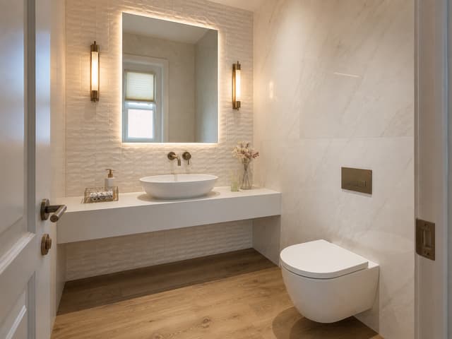 Create a photorealistic architectural interior rendering of the proposed renovation of the existing powder room, using the uploaded existing-condition photographs, floor plan andc tile samples as strict references.
Geometry and layout — critical
Do not redesign or reinterpret the room. Preserve the existing architecture and follow the attached floor plan exactly.
Maintain the actual room dimensions, proportions, wall locations, doorway, window, projecting walls/columns, and ceiling configuration shown in the plan and existing photos.
Use the existing photographs to understand the true three-dimensional geometry.
Keep the sink/vanity exactly where shown on the plan.
Keep the toilet in its existing/planned location and orientation.
Preserve the existing window on the exterior wall beside the vanity area. Do not relocate, enlarge, reduce, or invent windows.
Preserve the projecting wall behind the sink and mirror as an architectural feature. It should remain visibly proud of the surrounding wall surfaces, similar in overall geometry to the existing mosaic-clad projection.
The vanity should follow the footprint indicated on the plan and should not extend across the entire wall.
Do not add a shower, bathtub, additional vanity, cabinetry, shelving, niches, partitions, or other architectural elements not shown on the plan.
New material palette
Replace all existing brown finishes and glass mosaic with the new specified materials:
Floor:
Use the uploaded Delaware Natural 12 x 71 wood-look porcelain tile planks. Match the supplied sample closely: warm natural oak tone, realistic grain and knots, matte finish. Install as long planks with subtle staggered joints. This is porcelain tile, not actual hardwood.
Main walls:
Use the uploaded Glem White Polished 47 x 47 tile on the main wall surfaces. Match the reference exactly: very light warm-white/ivory stone appearance with extremely subtle soft gray-beige veining. Large-format tiles with minimal grout joints. The room should feel bright and sophisticated rather than heavily veined.
Feature/projecting wall behind sink:
Clad the projecting architectural wall behind the sink and mirror with the uploaded Mosaico Nantes Caliza 18 x 47. Reproduce its distinctive dimensional, irregular geometric relief pattern and warm off-white/caliza coloration. Do not substitute generic square mosaic tiles. The texture and relief of the Nantes Caliza tile should be clearly visible under grazing light.
Fixtures
Elegant white vessel sink, centered on the vanity as indicated by the plan.
Minimal white floating vanity/counter, visually light and contemporary.
White wall-hung toilet in the location shown on the plan.
Wall-mounted toilet flush plate.
Wall-mounted faucet at sink.
All exposed plumbing fixtures, faucet, flush plate, accessories and hardware in a refined warm brushed bronze / aged bronze finish — not chrome, black, or bright gold.
Contemporary mirror centered above the sink, preferably softly backlit or with discreet integrated lighting.
Design character
Aim for warm contemporary Mediterranean / refined modern residential design: natural oak tones, warm ivory stone, tactile relief tile, bronze accents and restrained detailing.
Use warm-white architectural lighting around 2700–3000K, supplemented by realistic daylight from the existing window. Allow grazing light across the Mosaico Nantes Caliza feature wall to emphasize its three-dimensional texture.
Camera
Generate an eye-level architectural interior perspective from approximately the doorway, looking toward the vanity and toilet, similar to how a person would experience the room upon entering. Use approximately a 24–28 mm full-frame architectural lens, vertical lines perfectly vertical, natural perspective, no fisheye distortion.
The final result should look like a high-end professional architectural photograph, not a CGI concept image: realistic material scale, accurate grout joints, subtle reflections on the polished Glem White tile, realistic bronze metal, natural shadows, balanced exposure, and physically believable lighting.
Most important: use the floor plan and existing-condition photographs as the authority for geometry. Do not change the room layout or invent architectural features. Only renovate the finishes, fixtures, lighting, and detailing described above.