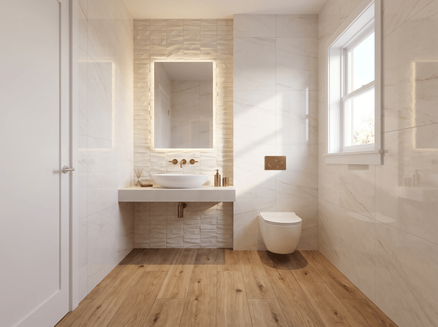 Create a photorealistic architectural interior rendering of the proposed renovation of the existing powder room, using the uploaded existing-condition photographs, floor plan andc tile samples as strict references.
Geometry and layout — critical
Do not redesign or reinterpret the room. Preserve the existing architecture and follow the attached floor plan exactly.
Maintain the actual room dimensions, proportions, wall locations, doorway, window, projecting walls/columns, and ceiling configuration shown in the plan and existing photos.
Use the existing photographs to understand the true three-dimensional geometry.
Keep the sink/vanity exactly where shown on the plan.
Keep the toilet in its existing/planned location and orientation.
Preserve the existing window on the exterior wall beside the vanity area. Do not relocate, enlarge, reduce, or invent windows.
Preserve the projecting wall behind the sink and mirror as an architectural feature. It should remain visibly proud of the surrounding wall surfaces, similar in overall geometry to the existing mosaic-clad projection.
The vanity should follow the footprint indicated on the plan and should not extend across the entire wall.
Do not add a shower, bathtub, additional vanity, cabinetry, shelving, niches, partitions, or other architectural elements not shown on the plan.
New material palette
Replace all existing brown finishes and glass mosaic with the new specified materials:
Floor:
Use the uploaded Delaware Natural 12 x 71 wood-look porcelain tile planks. Match the supplied sample closely: warm natural oak tone, realistic grain and knots, matte finish. Install as long planks with subtle staggered joints. This is porcelain tile, not actual hardwood.
Main walls:
Use the uploaded Glem White Polished 47 x 47 tile on the main wall surfaces. Match the reference exactly: very light warm-white/ivory stone appearance with extremely subtle soft gray-beige veining. Large-format tiles with minimal grout joints. The room should feel bright and sophisticated rather than heavily veined.
Feature/projecting wall behind sink:
Clad the projecting architectural wall behind the sink and mirror with the uploaded Mosaico Nantes Caliza 18 x 47. Reproduce its distinctive dimensional, irregular geometric relief pattern and warm off-white/caliza coloration. Do not substitute generic square mosaic tiles. The texture and relief of the Nantes Caliza tile should be clearly visible under grazing light.
Fixtures
Elegant white vessel sink, centered on the vanity as indicated by the plan.
Minimal white floating vanity/counter, visually light and contemporary.
White wall-hung toilet in the location shown on the plan.
Wall-mounted toilet flush plate.
Wall-mounted faucet at sink.
All exposed plumbing fixtures, faucet, flush plate, accessories and hardware in a refined warm brushed bronze / aged bronze finish — not chrome, black, or bright gold.
Contemporary mirror centered above the sink, preferably softly backlit or with discreet integrated lighting.
Design character
Aim for warm contemporary Mediterranean / refined modern residential design: natural oak tones, warm ivory stone, tactile relief tile, bronze accents and restrained detailing.
Use warm-white architectural lighting around 2700–3000K, supplemented by realistic daylight from the existing window. Allow grazing light across the Mosaico Nantes Caliza feature wall to emphasize its three-dimensional texture.
Camera
Generate an eye-level architectural interior perspective from approximately the doorway, looking toward the vanity and toilet, similar to how a person would experience the room upon entering. Use approximately a 24–28 mm full-frame architectural lens, vertical lines perfectly vertical, natural perspective, no fisheye distortion.
The final result should look like a high-end professional architectural photograph, not a CGI concept image: realistic material scale, accurate grout joints, subtle reflections on the polished Glem White tile, realistic bronze metal, natural shadows, balanced exposure, and physically believable lighting.
Most important: use the floor plan and existing-condition photographs as the authority for geometry. Do not change the room layout or invent architectural features. Only renovate the finishes, fixtures, lighting, and detailing described above.