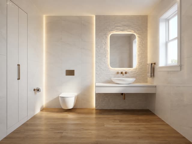 Regenerate image to enlarge the whole toilet niche at the left side of the back wall and make as wide as the sink wall on the right side. Do not change the materiality of the niche. Widen the whole bathroom to accomodate the larger niche. Add a single enclosed cabinet with white lacquered doors on the left side wall instead of the room door.