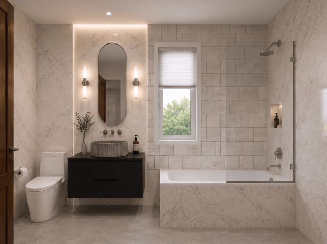 Remove the window from its current location and place it at the center of the tub wall on the right side. Ass glass divider on tub. Tub walls with Block Butan Bone 18x47, see attached.