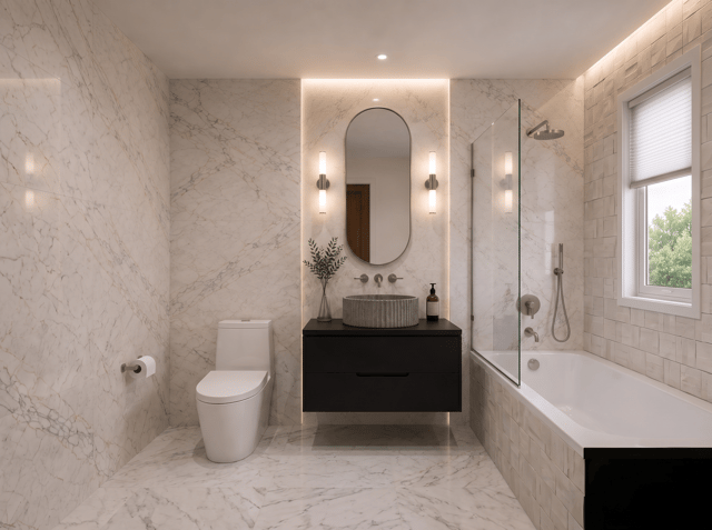 Remove the window from its current location and place it at the center of the tub wall on the right side. Ass glass divider on tub. Tub walls with Block Butan Bone 18x47, see attached. See my rough sketch, this is the correct layout and location of window.