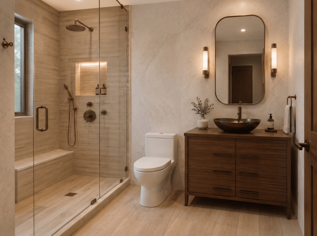 Rotate the toilet bowl to be parallel with the shower, facing the vanity. The shower floor should have same floor as the rest of the bathroom, manhattan maple. No other changes.