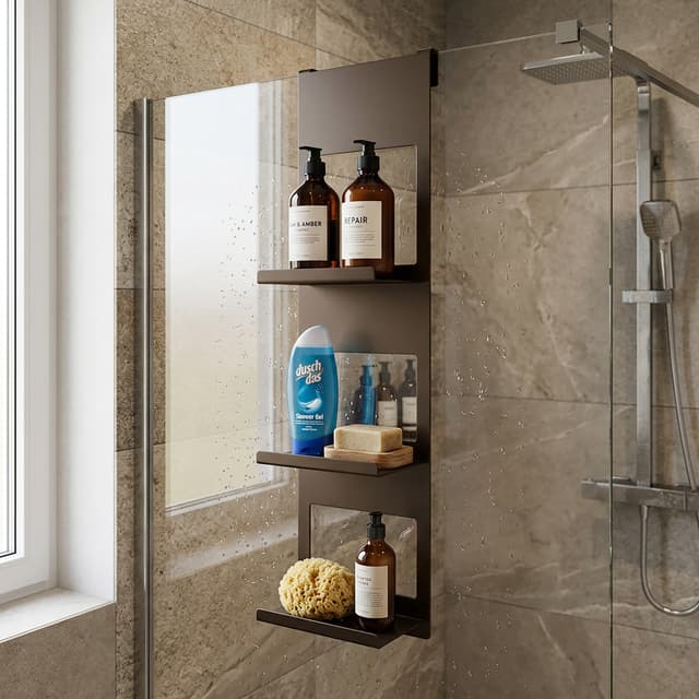 Hintergrund für dieses Regal, Badezimmer im modernen Stil in natürlichen Farbtönen  gehalten, Regal wird oben an der Duschwand eingehängt im inneren der Dusche, ein paar Badaccessoires wie Shampoo, Duschdas usw. als Dekoration auf dem Regal