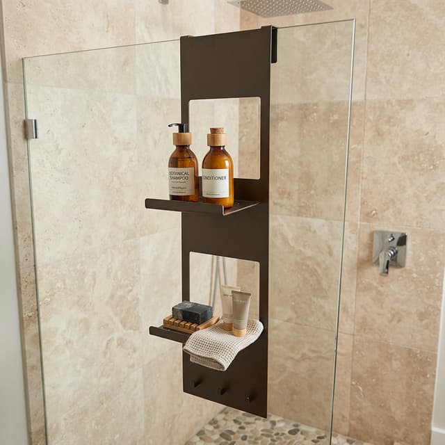 Hintergrund für dieses Regal, Badezimmer im modernen Stil in natürlichen Farbtönen gehalten, Regal wird oben an der Duschwand eingehängt im inneren der Dusche, ein paar Badaccessoires wie Shampoo usw. als Dekoration auf dem Regal