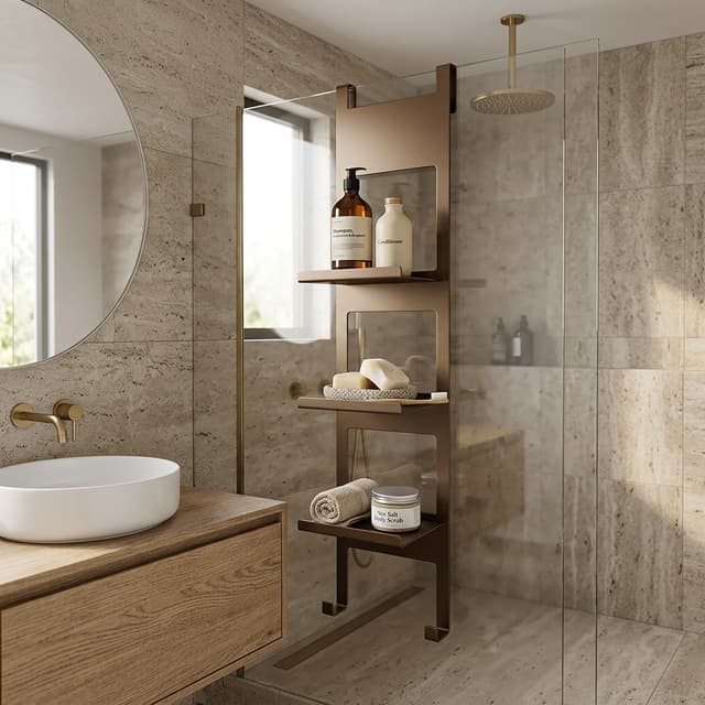 Hintergrund für dieses Regal, Badezimmer im modernen Stil in natürlichen Farbtönen gehalten, Regal wird oben an der Duschwand eingehängt im inneren der Dusche, ein paar Badaccessoires wie Shampoo usw. als Dekoration auf dem Regal