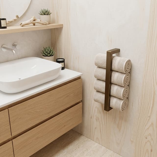 Badezimmer, modern und stilvoll, Handtuchhalter an der Wand neben dem Waschbecken, zusammengerollte Handtücher zwischen Wand und Handtuchhalter, wie auf Referenzbild2. Bad soll in hellen Farben gestaltet sein, mit natürlichen Elementen wie Holz,
der Handtuchhalter wurde viel zu groß dargestellt, es passen maximal 4-5 Handtücher rein, bitte kürzer machen