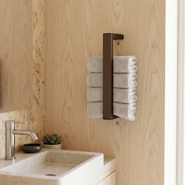 Badezimmer, modern und stilvoll, Handtuchhalter an der Wand neben dem Waschbecken, zusammengerollte Handtücher zwischen Wand und Handtuchhalter, wie auf Referenzbild2. Bad soll in hellen Farben gestaltet sein, mit natürlichen Elementen wie Holz,
der Handtuchhalter wurde viel zu groß dargestellt, es passen maximal 4-5 Handtücher rein, bitte kürzer machen
Der Handtuchhalter sollte etwas höher an der Wand platziert werden,