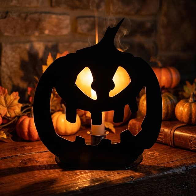Halloween, Der Kürbiskopf soll mit einer Kerze hinterleuchtet sein, stilvolle Halloween Szene
