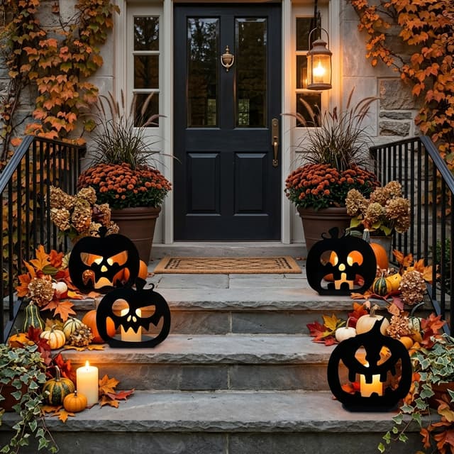 Hauseingang mit Treppe, je 2 Kürbisköpfe sollen links und rechts auf den Stufen stehen, mit einer Stumpenkerze hinterleuchtet, herbstliche Dekoration, elegant passend zu Halloween