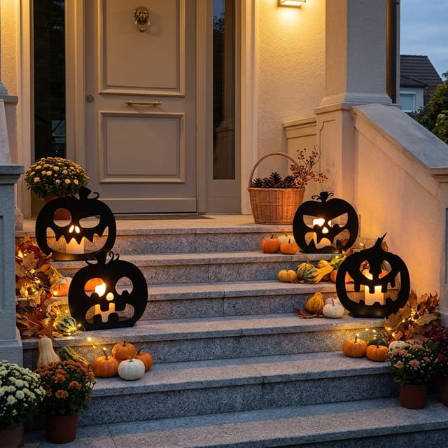 Hauseingang mit Treppe, je 2 Kürbisköpfe sollen links und rechts auf den Stufen stehen, mit einer Stumpenkerze hinterleuchtet, herbstliche Dekoration, elegant passend zu Halloween
Kürbisköpfe müssen etwas kleiner sein