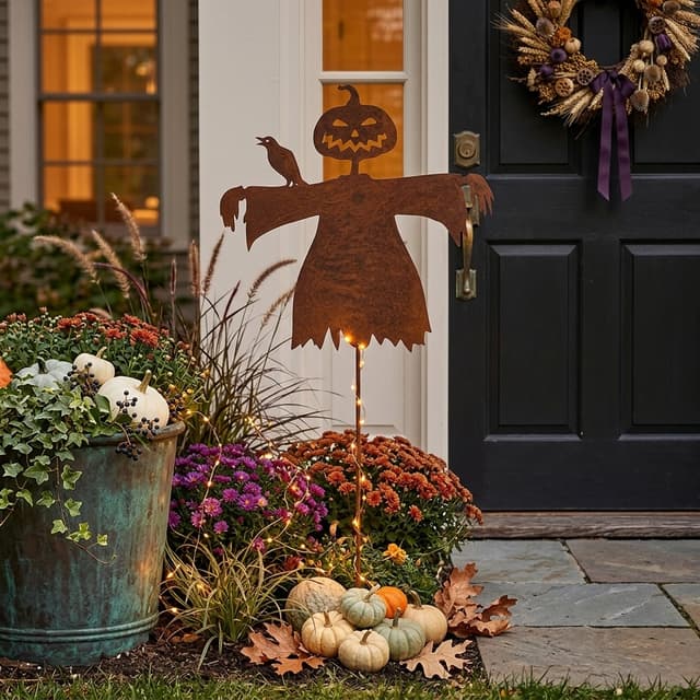 erstelle einen Hintergrund für den Gartenstecker, Halloween Stimmung, trotzdem stilvoll, Gartenstecker neben Hauseingang