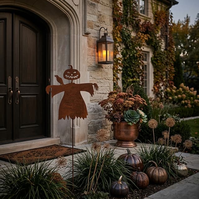 erstelle einen Hintergrund für den Gartenstecker, Halloween Stimmung, trotzdem stilvoll und edel, Gartenstecker neben Hauseingang