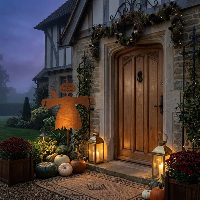 erstelle einen Hintergrund für den Gartenstecker, Halloween Stimmung, trotzdem stilvoll und edel, Gartenstecker neben Hauseingang